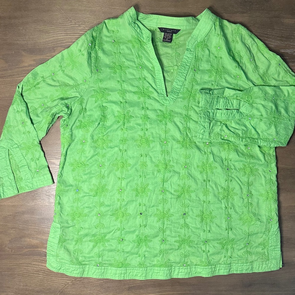 SILKLAND WOMAN Green‎ Embroidered Sequined Tunic Top Blouse Plus Size 2X